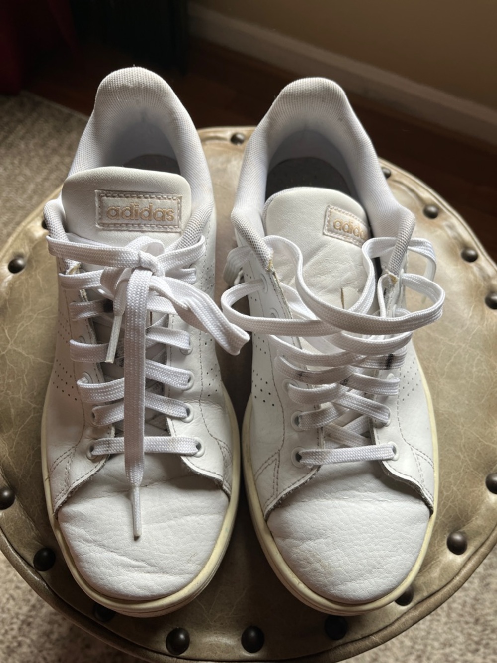 adidas White Leather Low-Top Sneakers with Gold Logo, size 8 woman